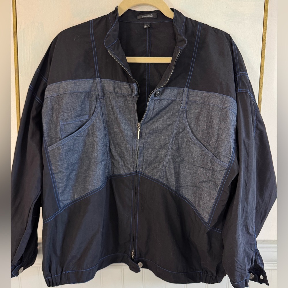 ANIMALE Cropped Black Navy Denim Cropped Bomber Jacket Size XS